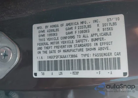 2010 Honda Accord 2.4 Lx z USA, uszkodzony, nr VIN 1HGCP2F34AA173894